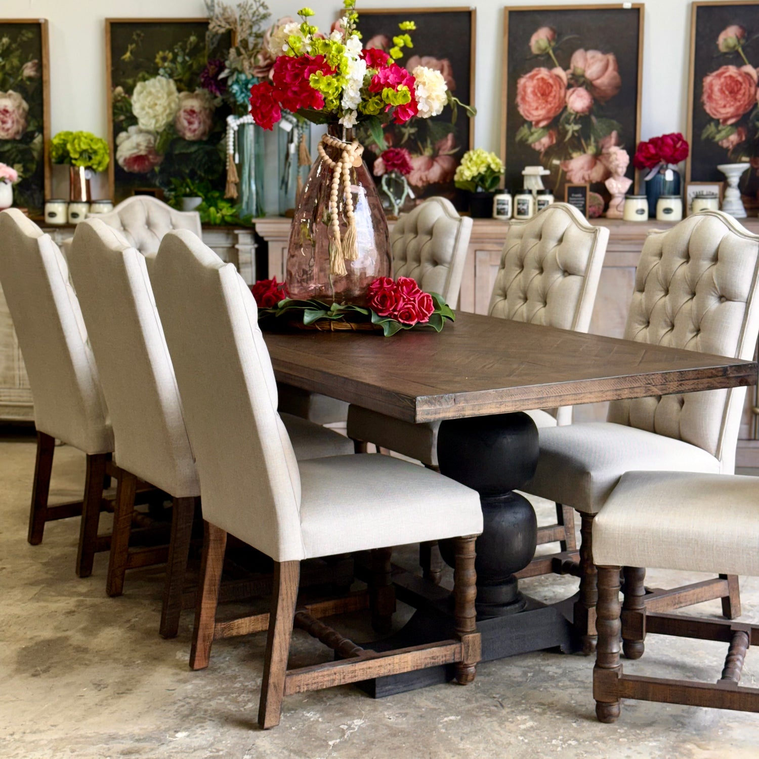 Myla 8 Foot Rounded Pedestal Table Set With 8 Upholstered chairs-Black/Honeywood™