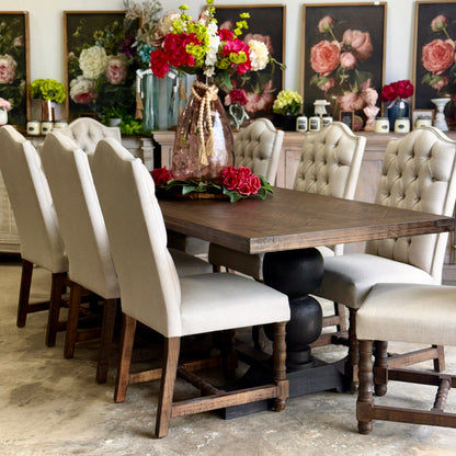 Myla 8 Foot Rounded Pedestal Table Set With 8 Upholstered chairs-Black/Honeywood™