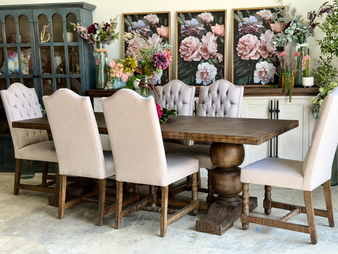 Myla 8 Foot Rounded Pedestal Table Set With 6 Upholstered chairs-Honeywood™