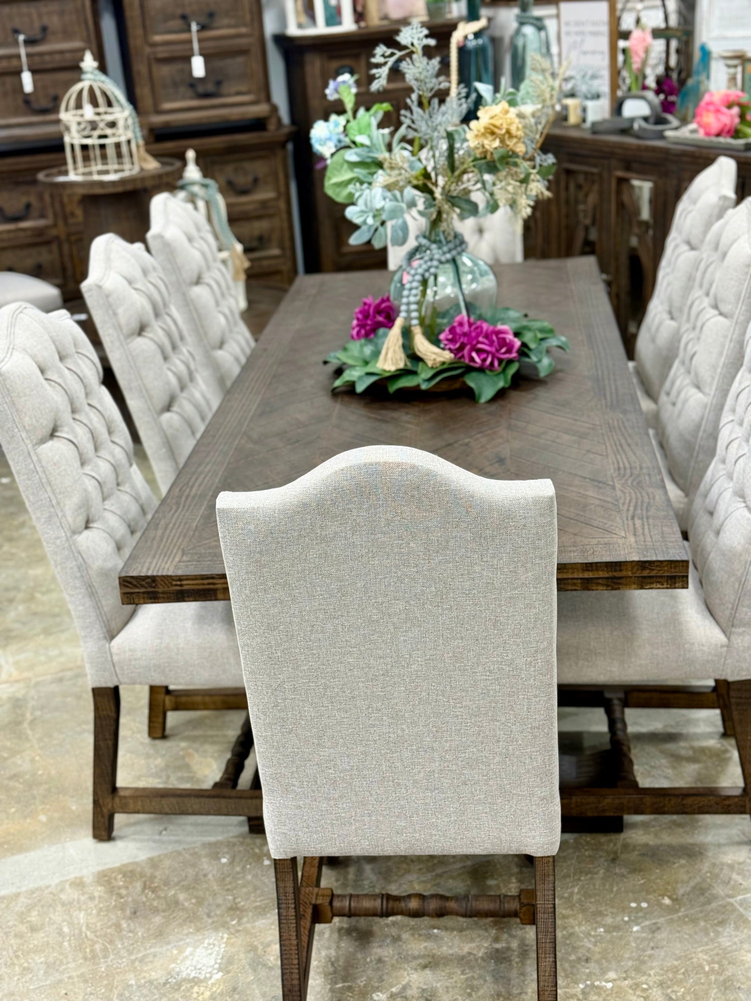 Myla 8 Foot Rounded Pedestal Table Set With 8 Upholstered chairs-Honeywood™