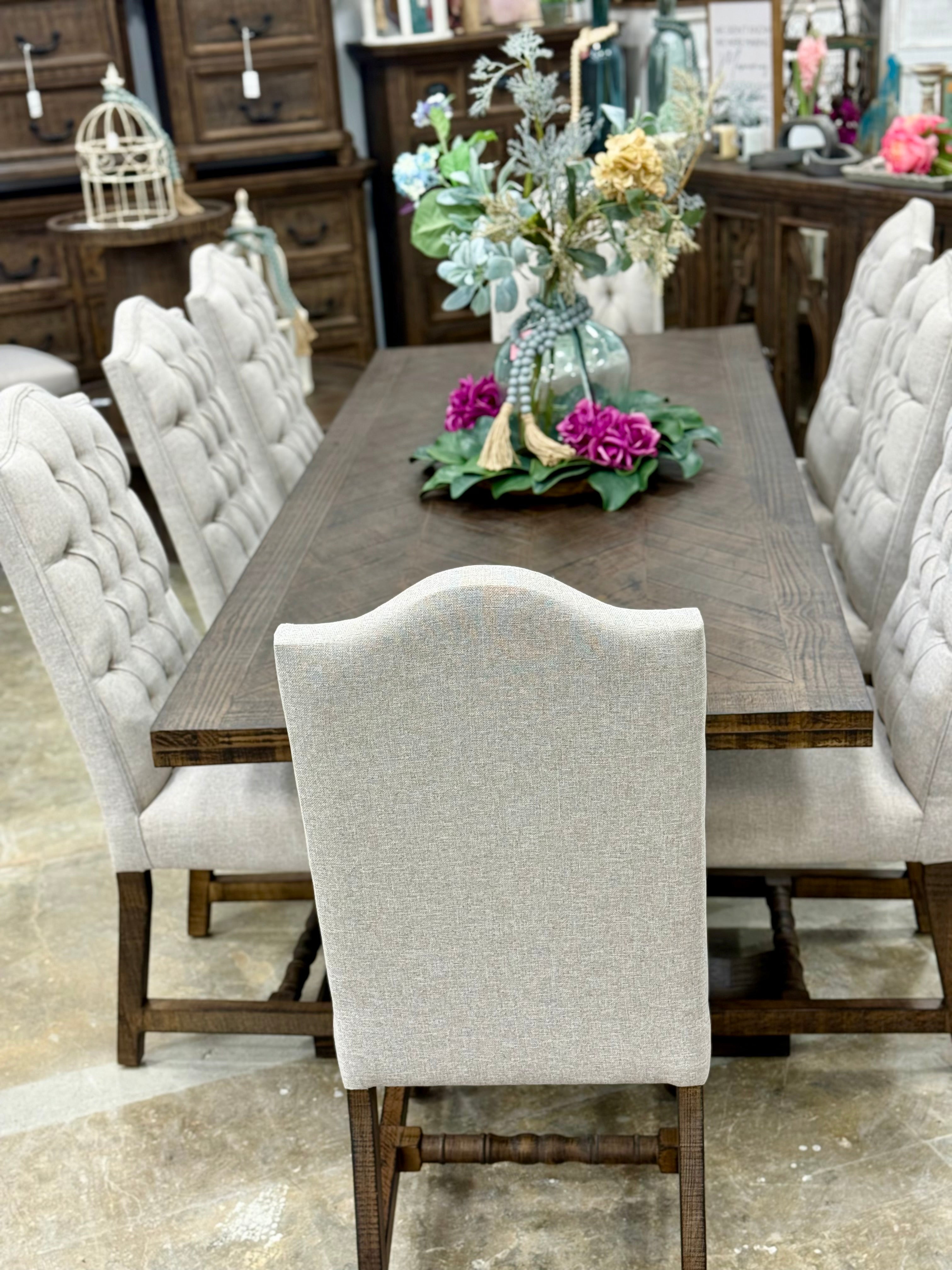 Myla 8 Foot Rounded Pedestal Table Set With 8 Upholstered chairs-Honeywood™