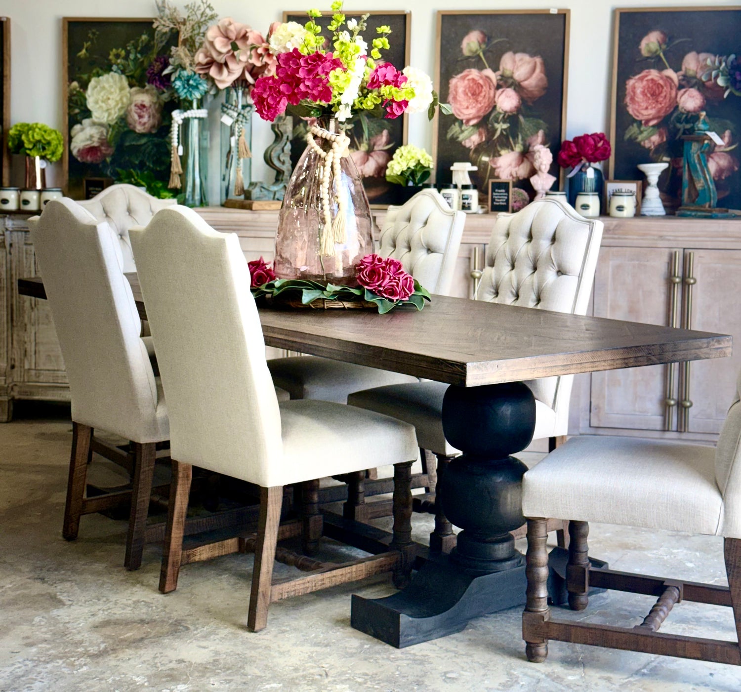 Myla 8 Foot Rounded Pedestal Table Set With 6 Upholstered chairs-Black/Honeywood™