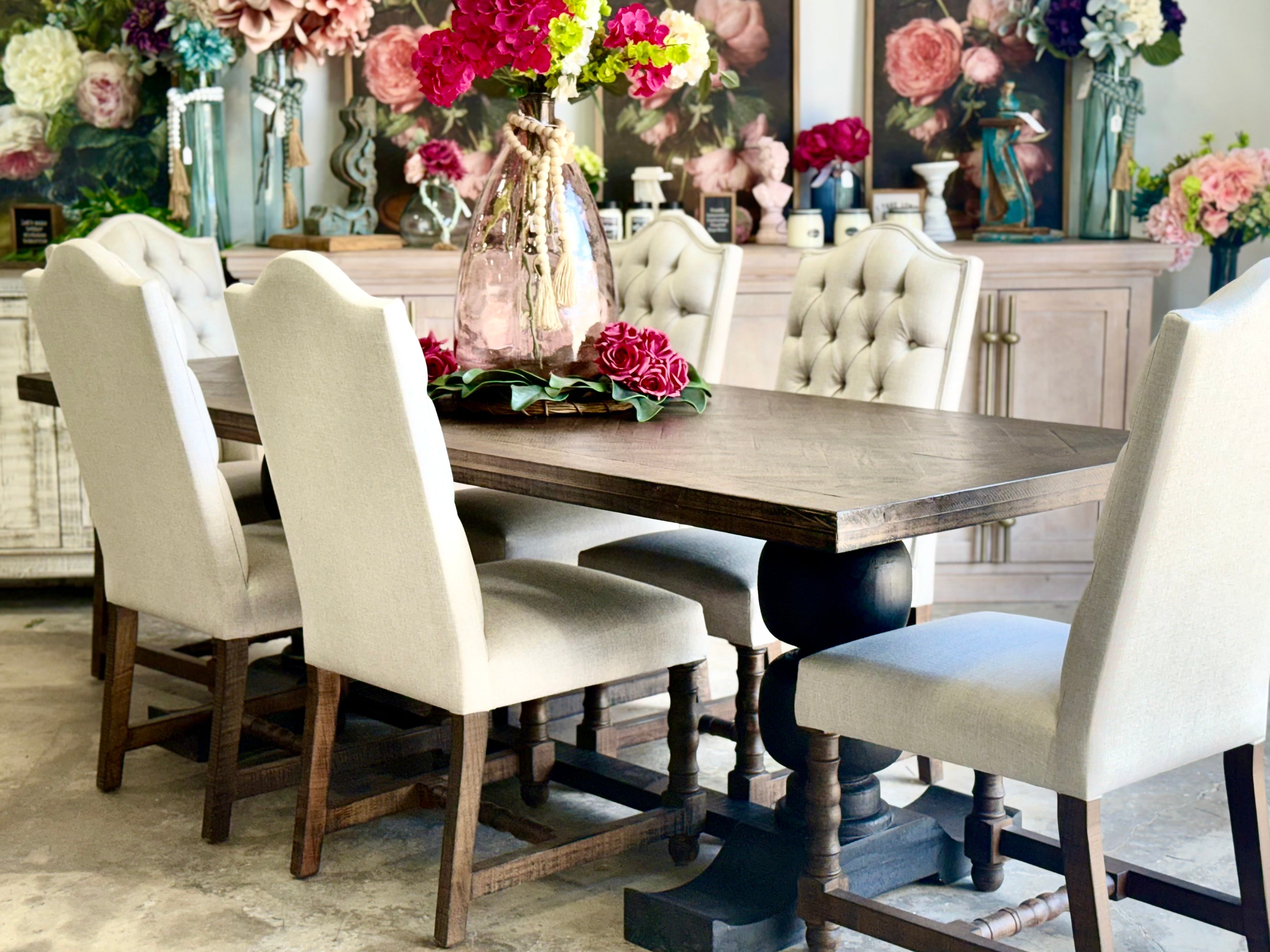 Myla 8 Foot Rounded Pedestal Table Set With 6 Upholstered chairs-Black/Honeywood™