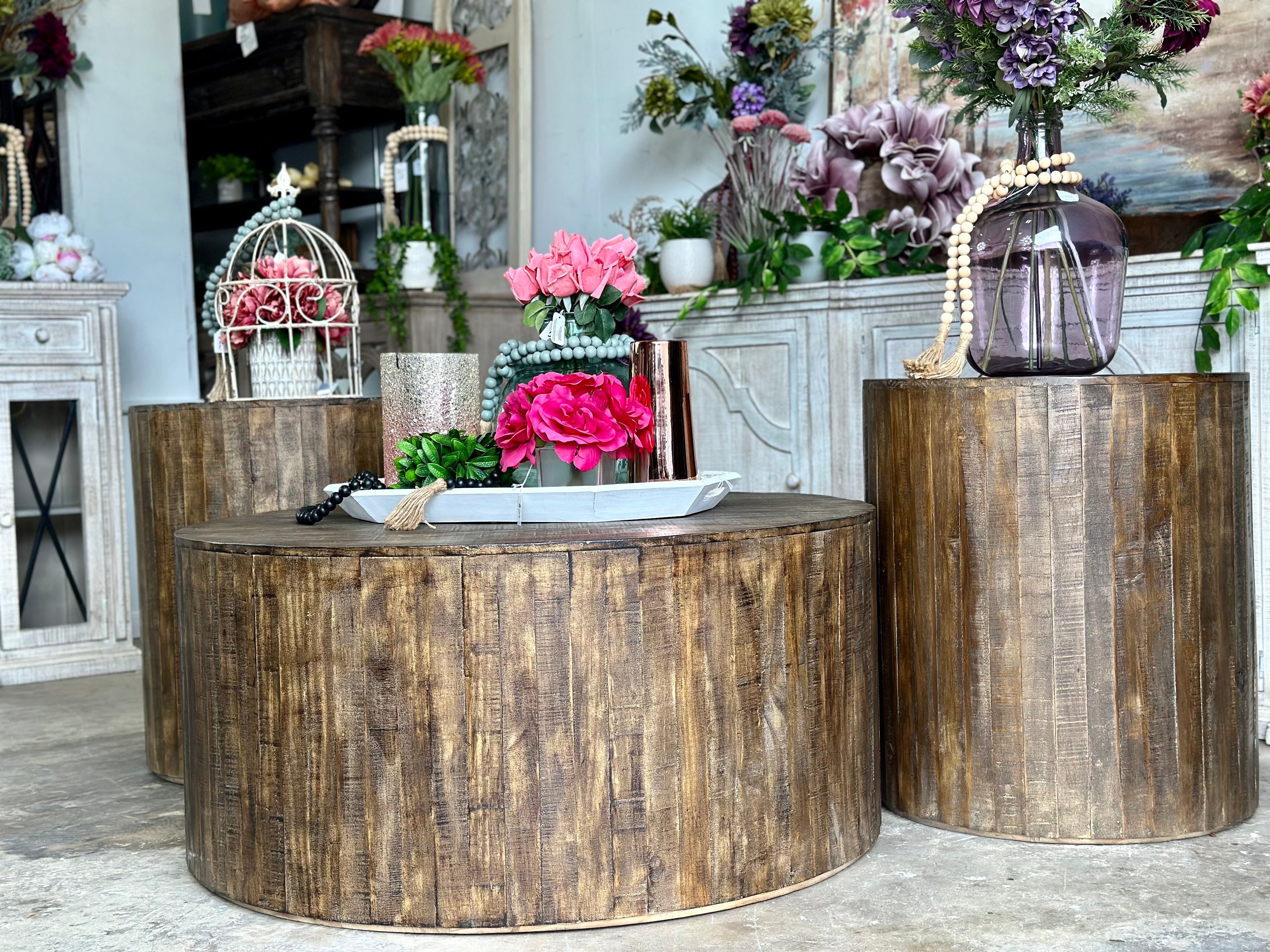 Round Drum Side Table-Pecan