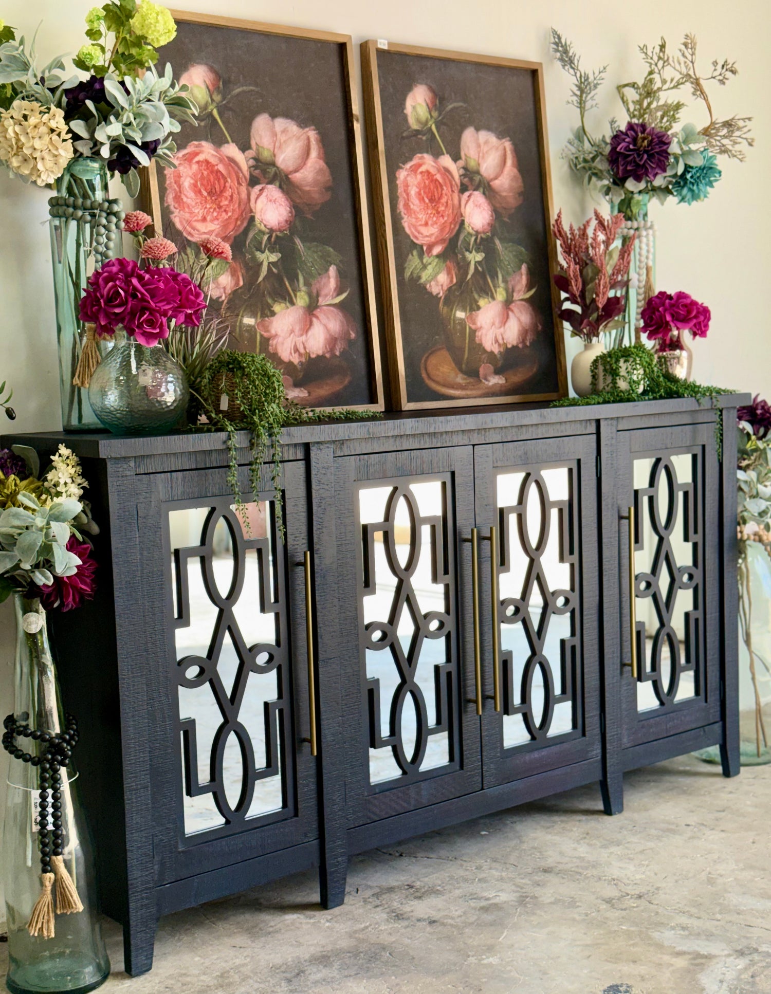 Ivy 4 Door Mirrored Console-Deep Blue and Gold