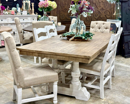 Ella 7  Foot Dining Table Set with 6 Upholstered Chairs-White Wheat/Sandstone