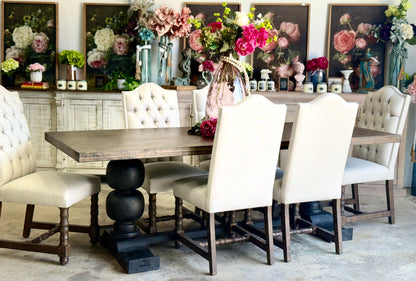 Myla 8 Foot Rounded Pedestal Table Set With 6 Upholstered chairs-Black/Honeywood™