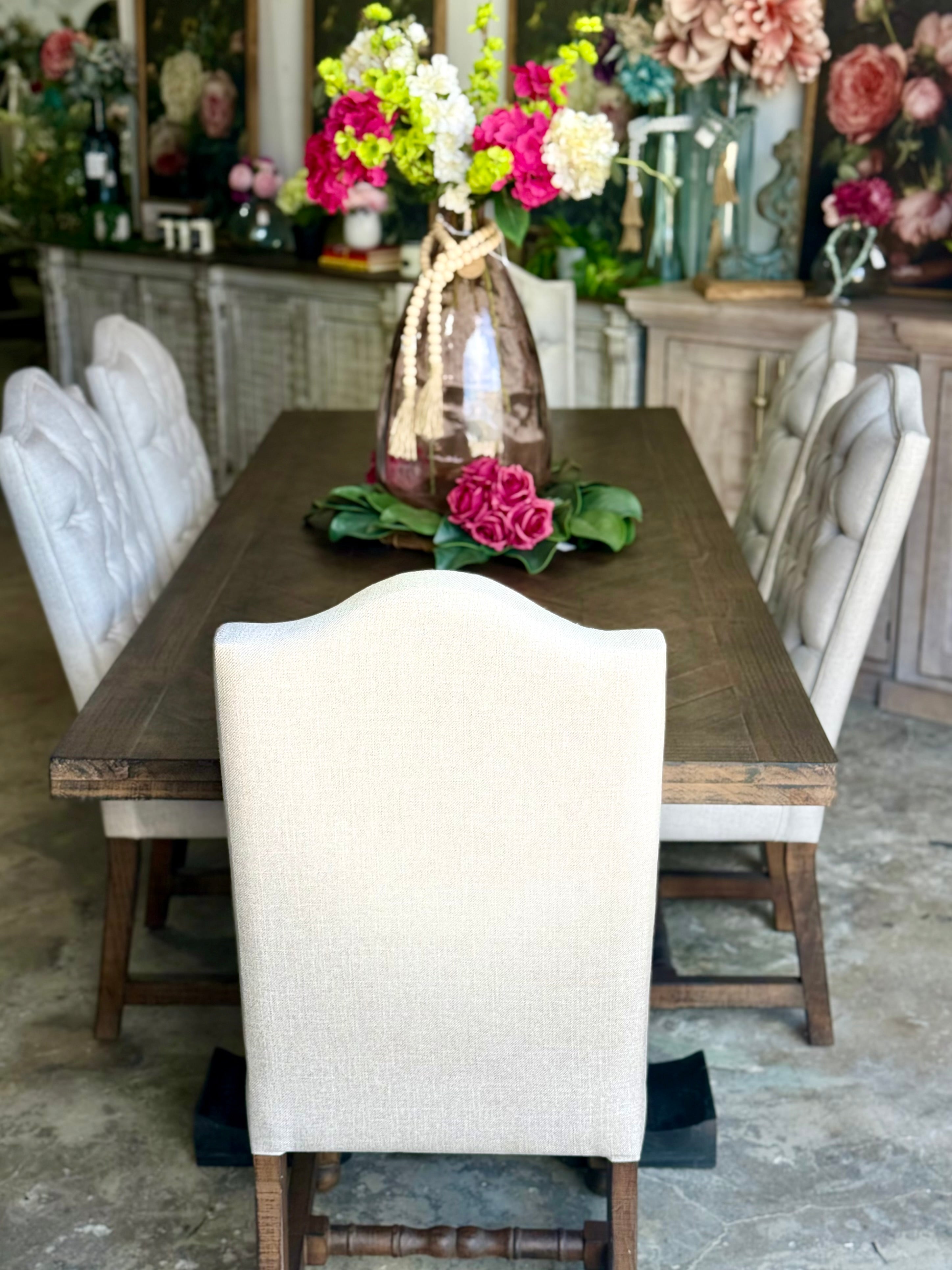 Myla 8 Foot Rounded Pedestal Table Set With 6 Upholstered chairs-Black/Honeywood™