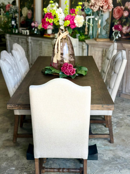 Myla 8 Foot Rounded Pedestal Table Set With 6 Upholstered chairs-Black/Honeywood™