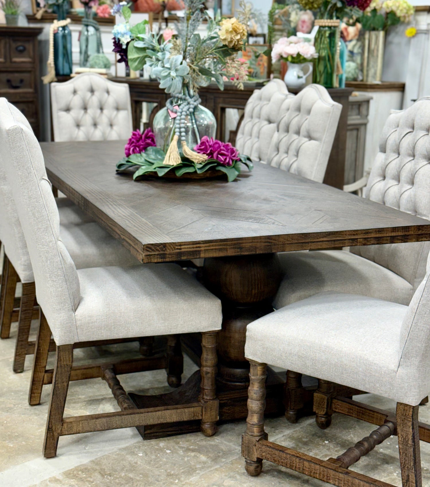 Myla 8 Foot Rounded Pedestal Table Set With 8 Upholstered chairs-Honeywood™