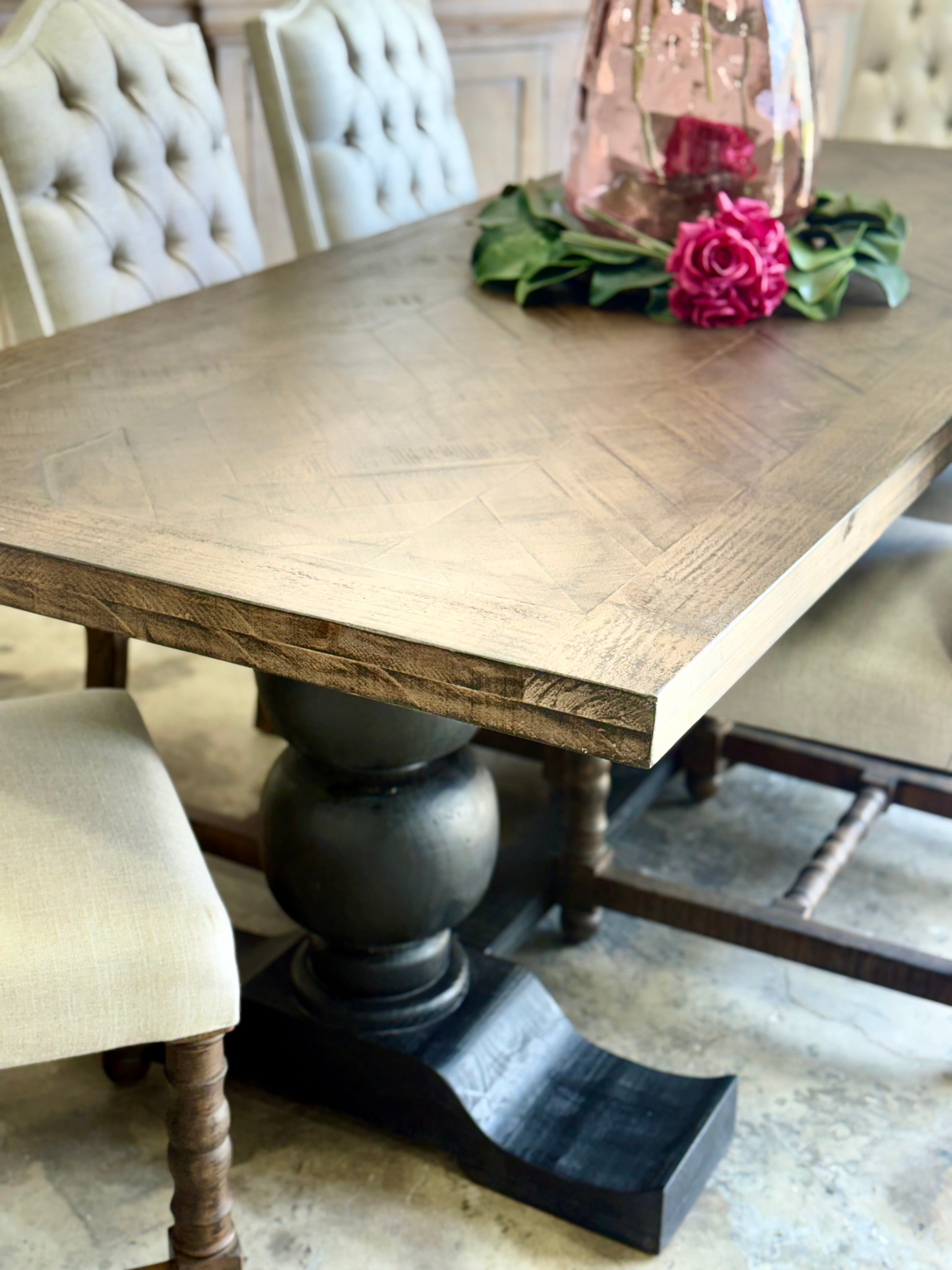 Myla 8 Foot Rounded Pedestal Table Set With 6 Upholstered chairs-Black/Honeywood™