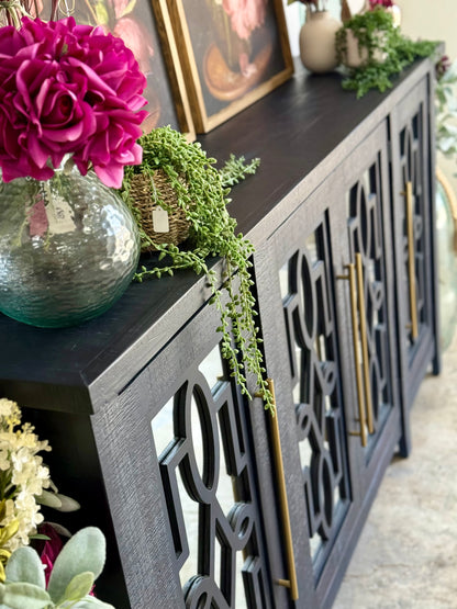 Ivy 4 Door Mirrored Console-Deep Blue and Gold