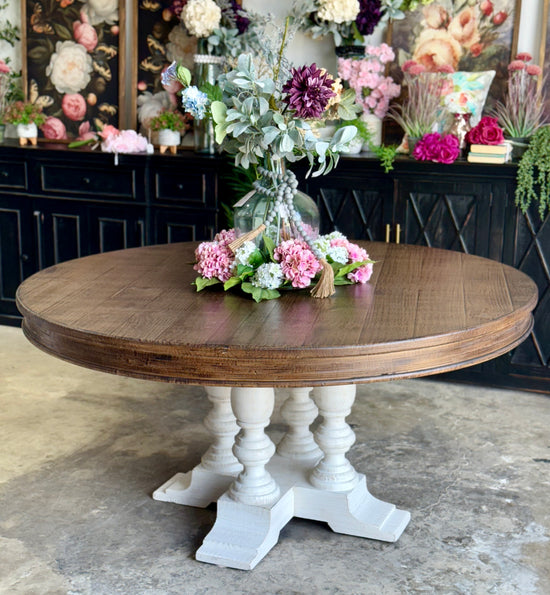 Kennedy 63" Round Dining Table-White Wheat/Honeywood