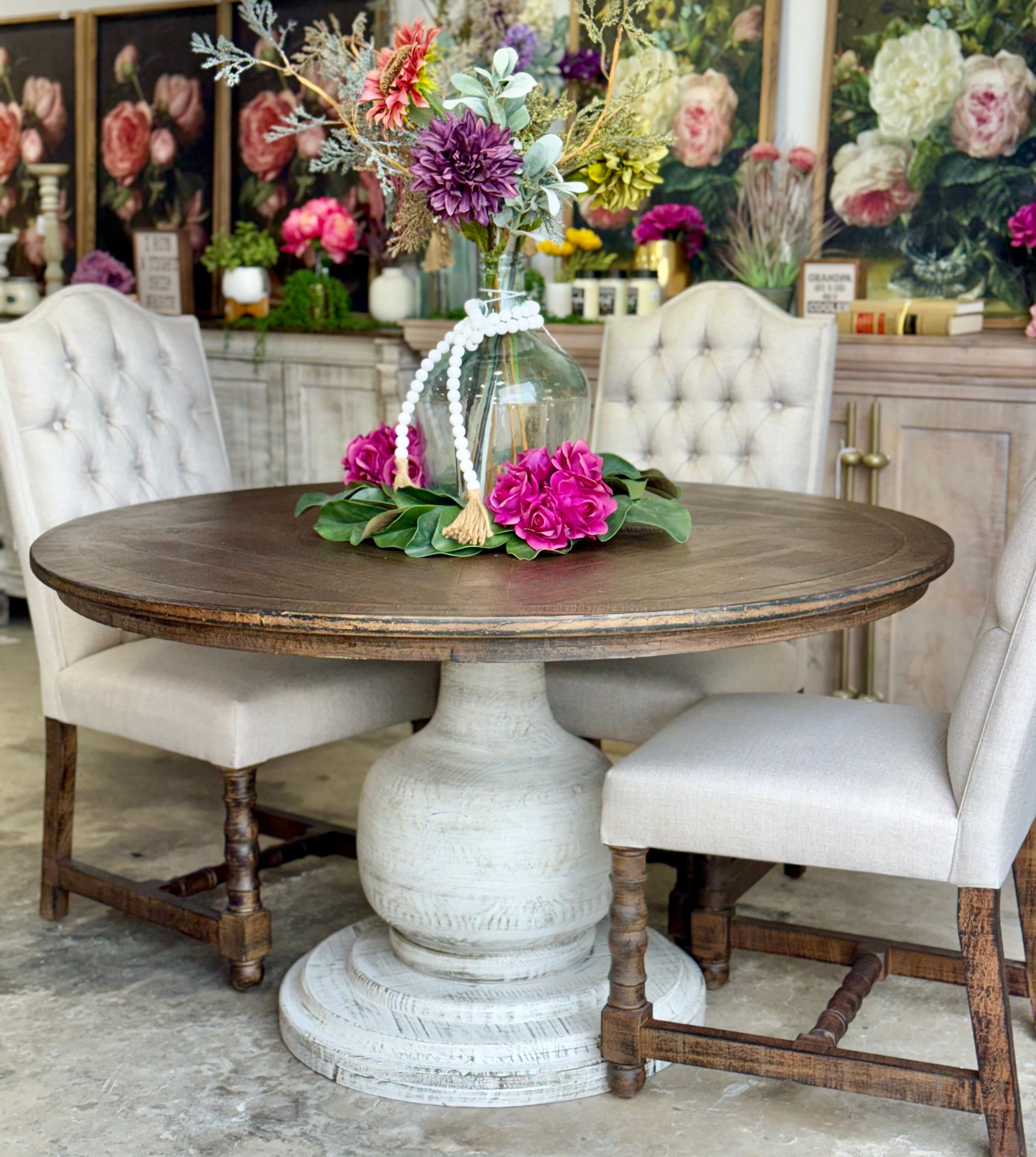 Lilly 54" Round Pedestal Dining Table-White Wheat/Honeywood