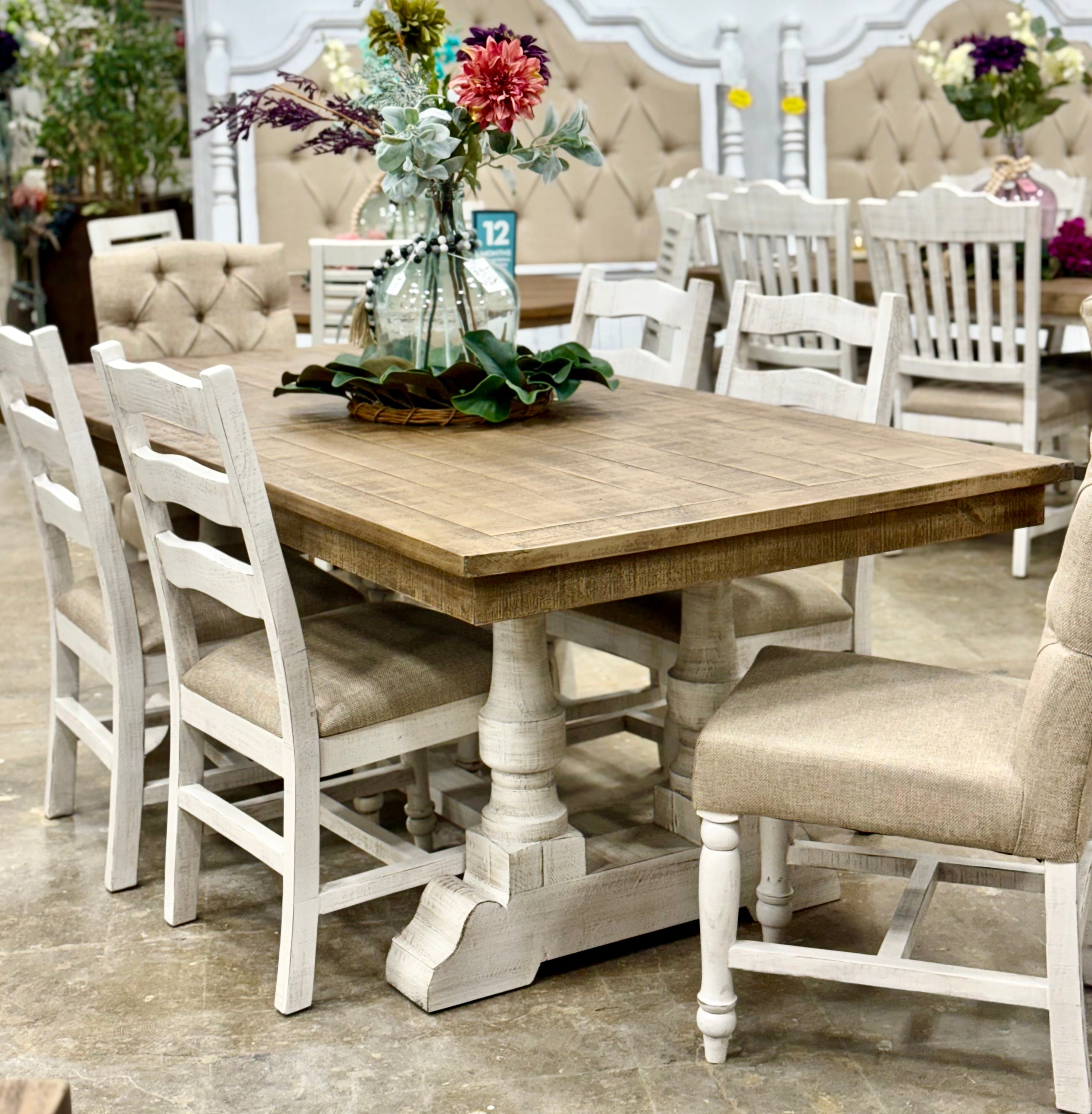 Ella 7  Foot Dining Table Set with 6 Upholstered Chairs-White Wheat/Sandstone