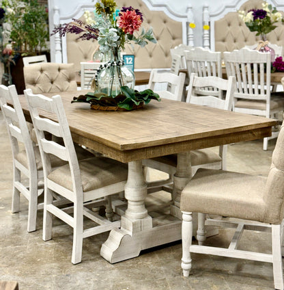 Ella 7  Foot Dining Table Set with 6 Upholstered Chairs-White Wheat/Sandstone