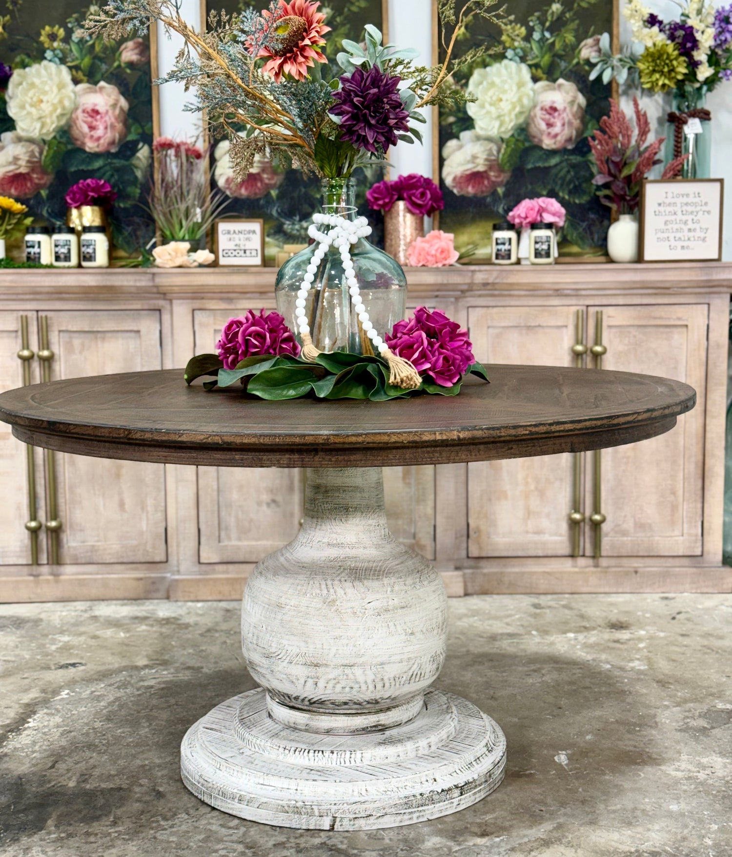 Lilly 54" Round Pedestal Dining Table-White Wheat/Honeywood