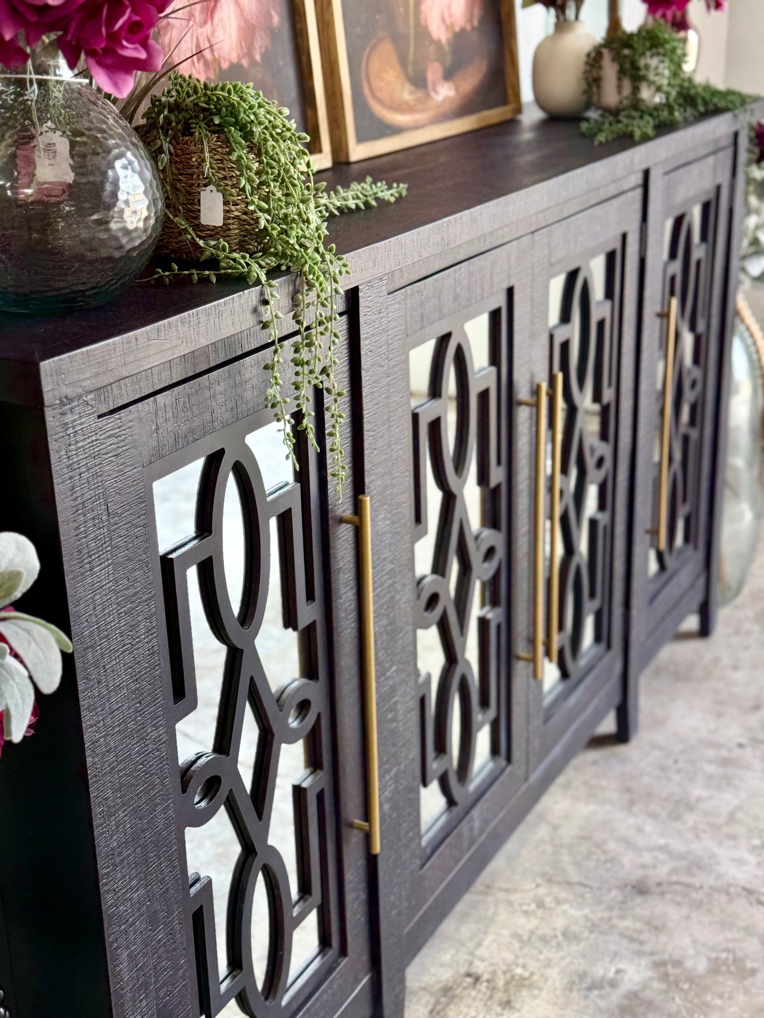 Ivy 4 Door Mirrored Console-Deep Blue and Gold