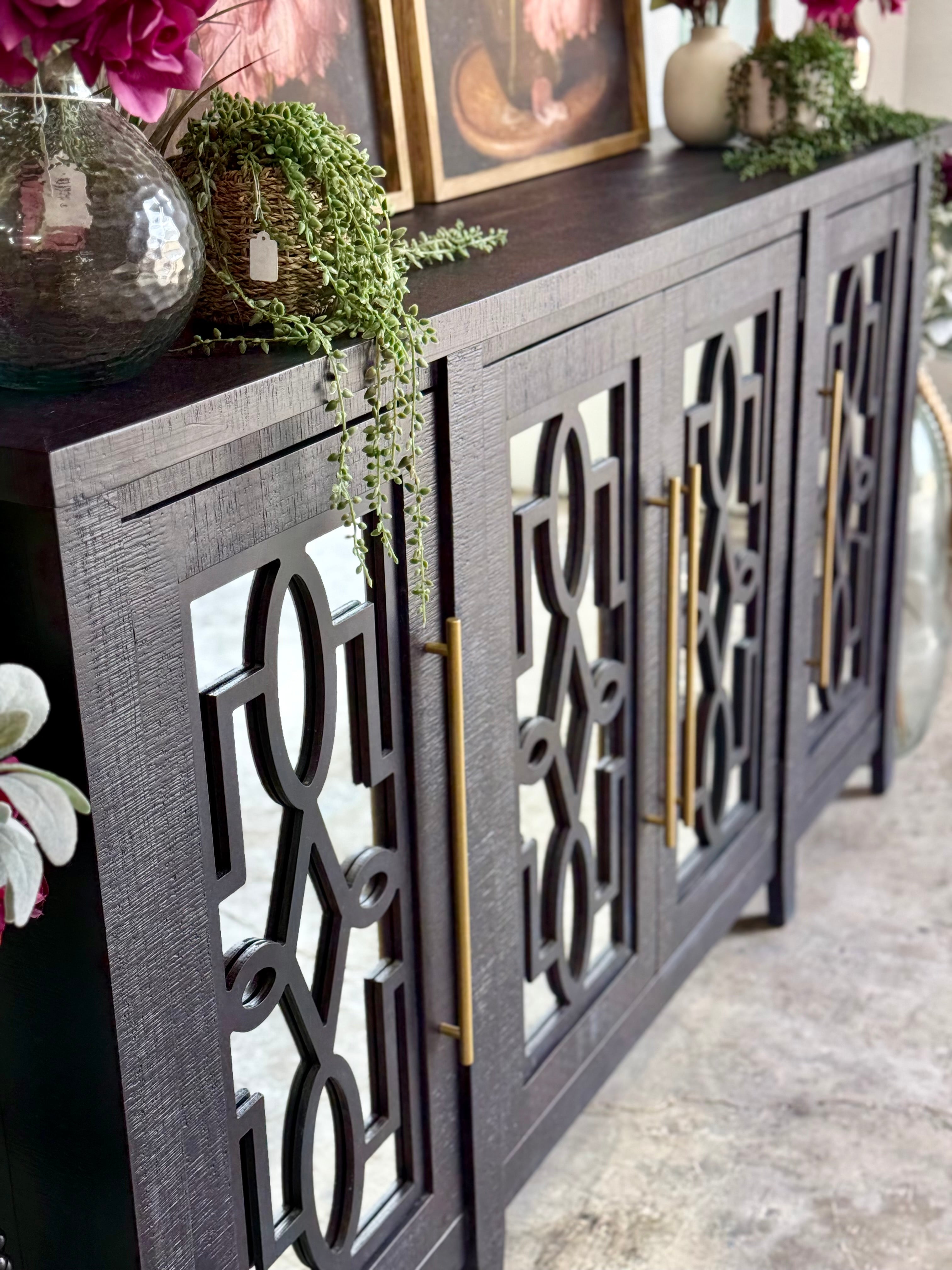 Ivy 4 Door Mirrored Console-Deep Blue and Gold