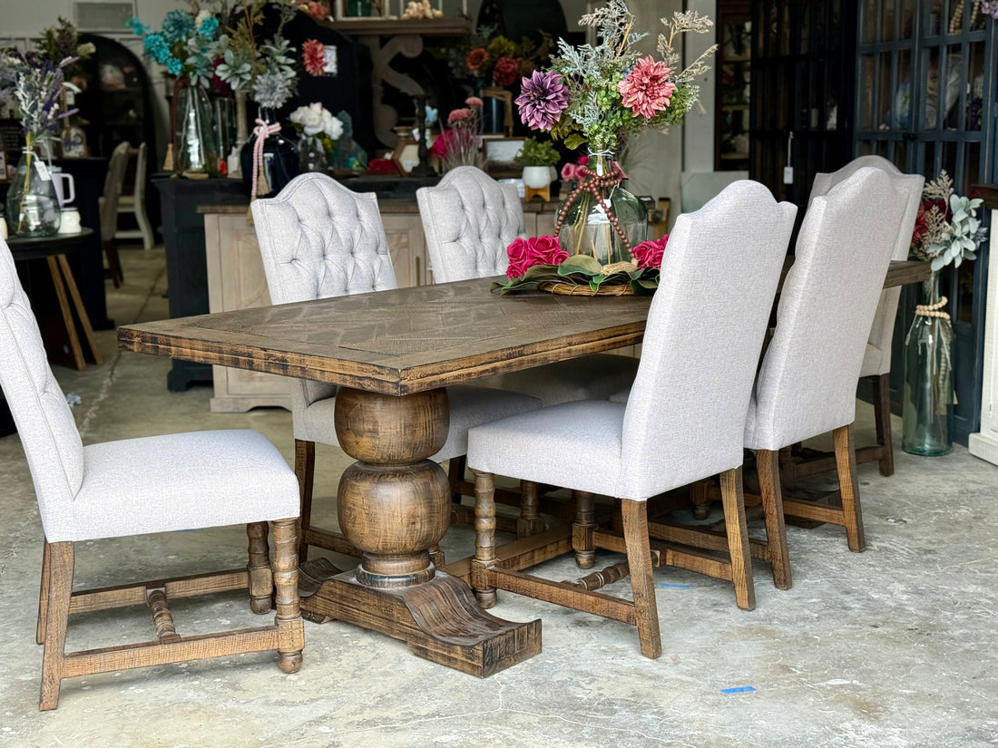 Myla 8 Foot Rounded Pedestal Table Set With 6 Upholstered chairs-Honeywood™