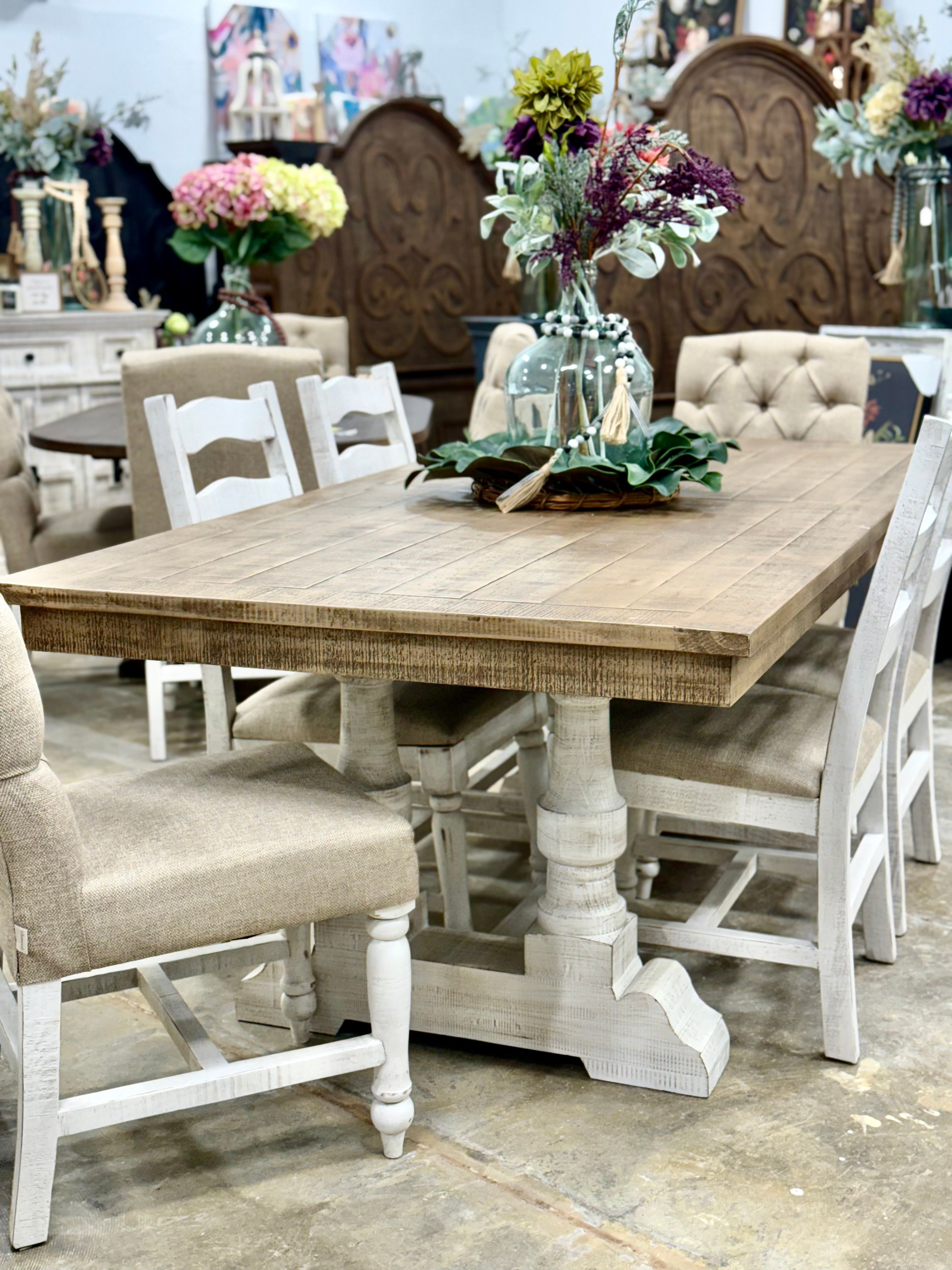 Ella 7  Foot Dining Table Set with 6 Upholstered Chairs-White Wheat/Sandstone