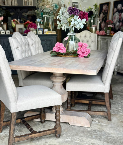 Hannah 7 Foot Dining Table Set With Chairs-Soft Drift/Honeywood Chairs