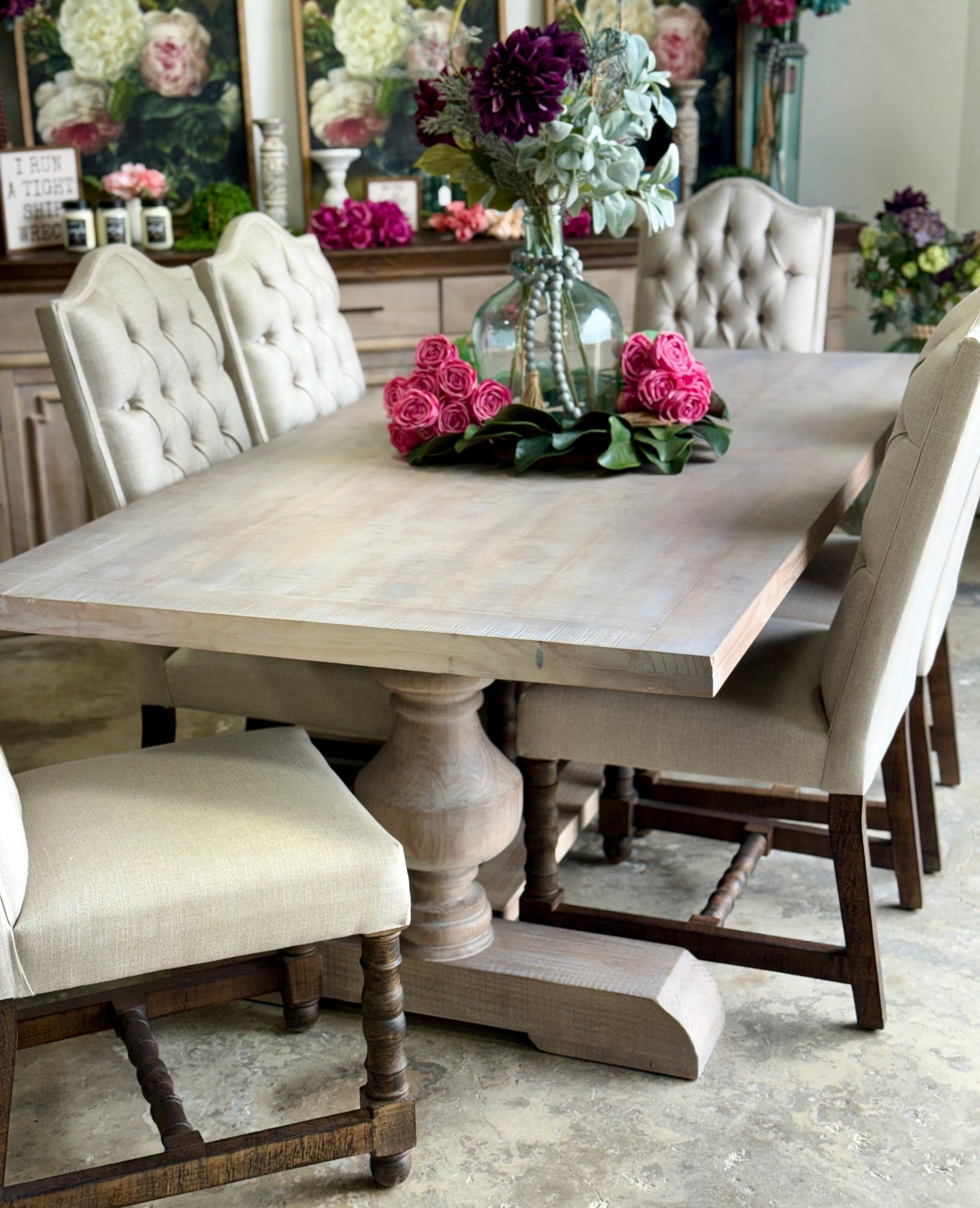 Hannah 7 Foot Dining Table Set With Chairs-Soft Drift/Honeywood Chairs