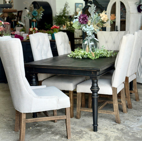 Adeline 7 Foot Dining Table Set With 6 Chairs-Handrubbed Black