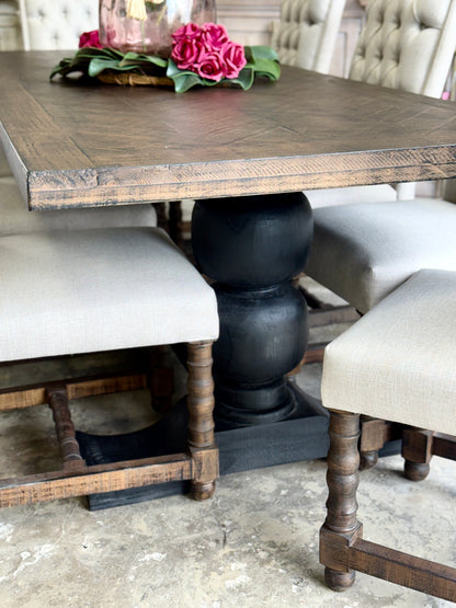 Myla 8 Foot Rounded Pedestal Table Set With 8 Upholstered chairs-Black/Honeywood™