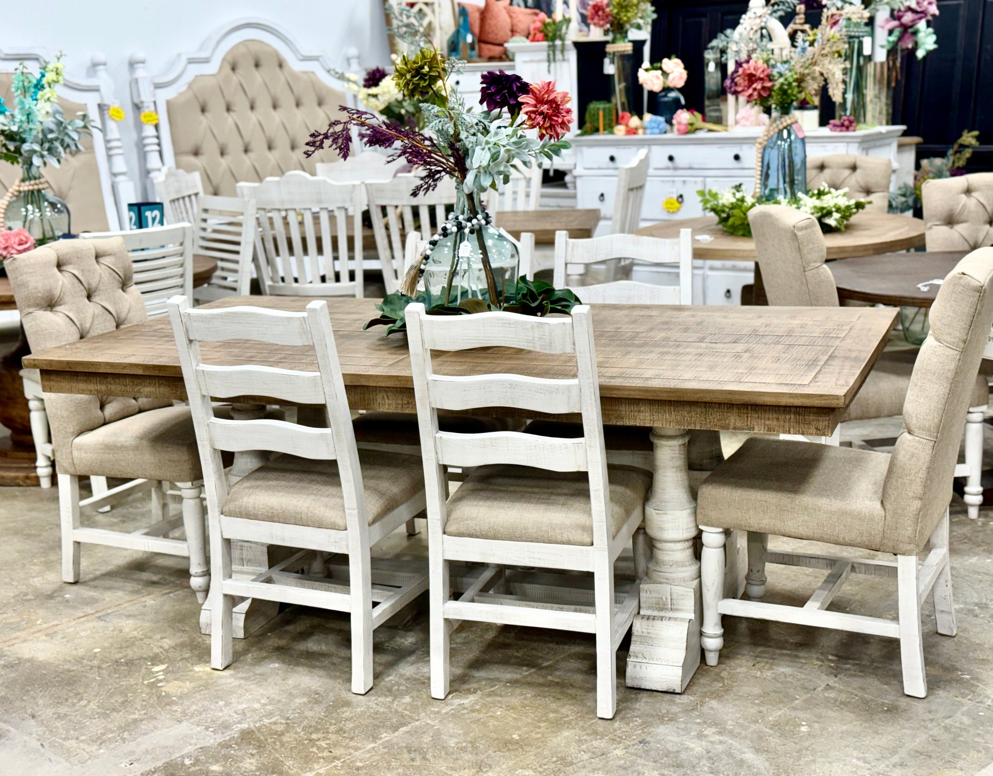 Ella 7  Foot Dining Table Set with 6 Upholstered Chairs-White Wheat/Sandstone