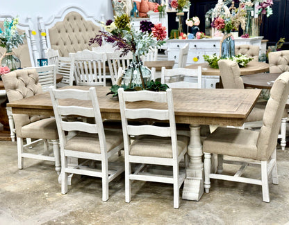 Ella 7  Foot Dining Table Set with 6 Upholstered Chairs-White Wheat/Sandstone