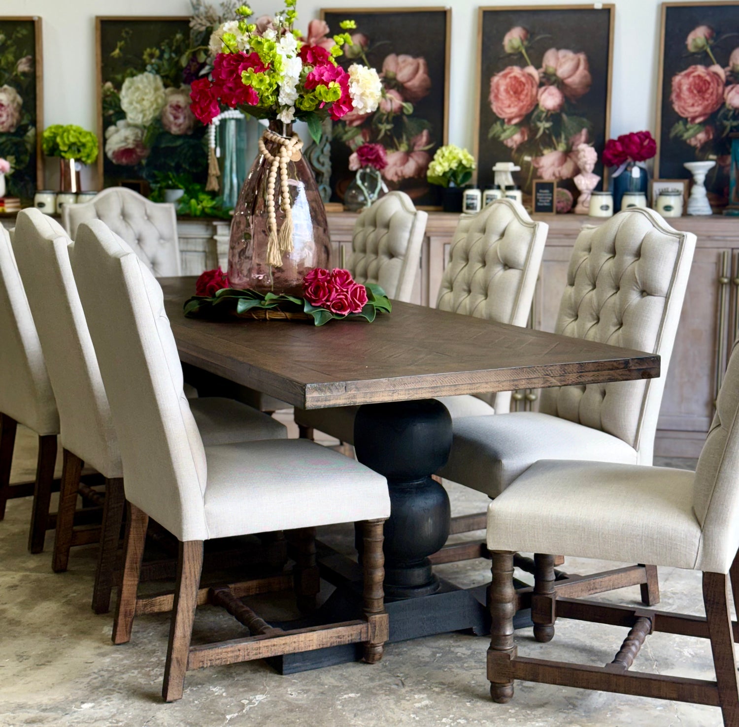 Myla 8 Foot Rounded Pedestal Table Set With 8 Upholstered chairs-Black/Honeywood™