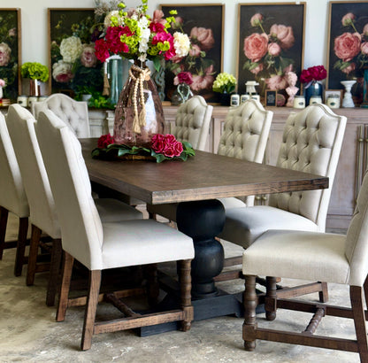 Myla 8 Foot Rounded Pedestal Table Set With 8 Upholstered chairs-Black/Honeywood™