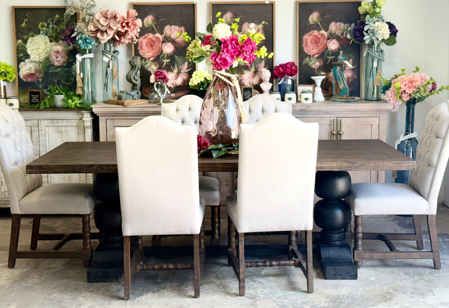 Myla 8 Foot Rounded Pedestal Table Set With 6 Upholstered chairs-Black/Honeywood™