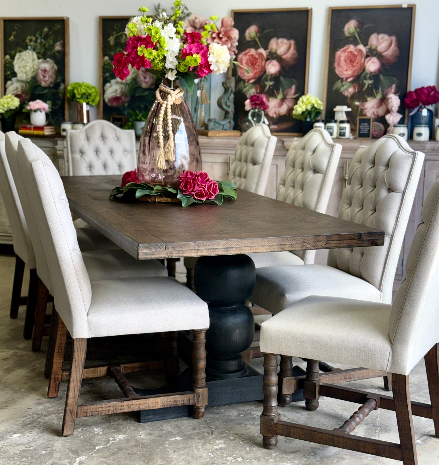 Myla 8 Foot Rounded Pedestal Table Set With 8 Upholstered chairs-Black/Honeywood™