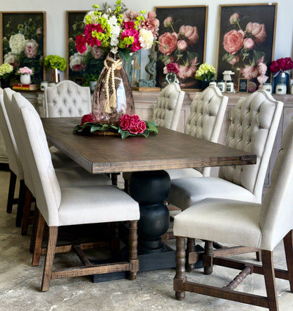Myla 8 Foot Rounded Pedestal Table Set With 8 Upholstered chairs-Black/Honeywood™
