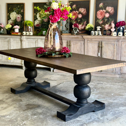 Myla 8 Foot Rounded Pedestal Table Set With 8 Upholstered chairs-Black/Honeywood™