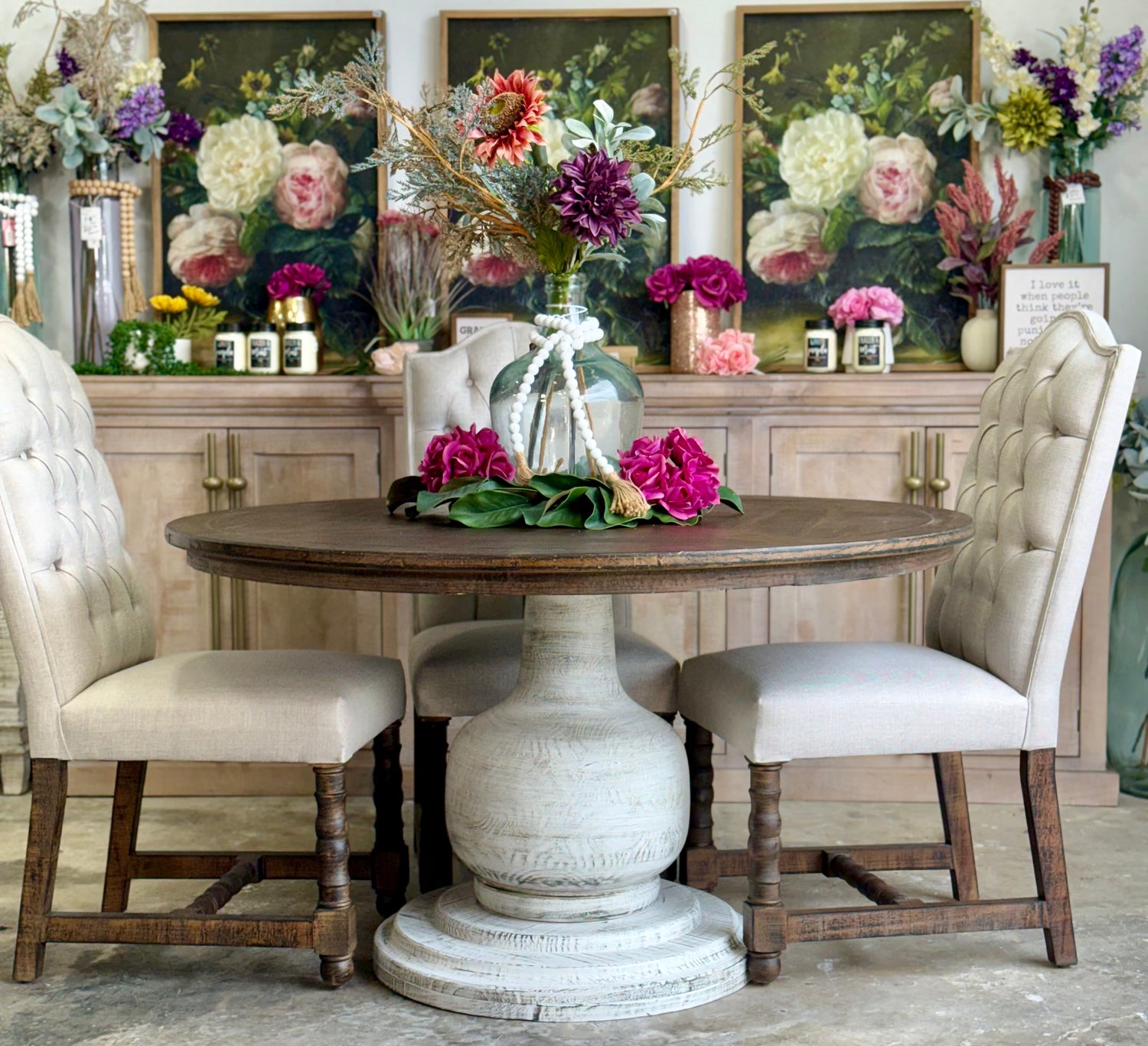 Lilly 54" Round Pedestal Dining Table-White Wheat/Honeywood
