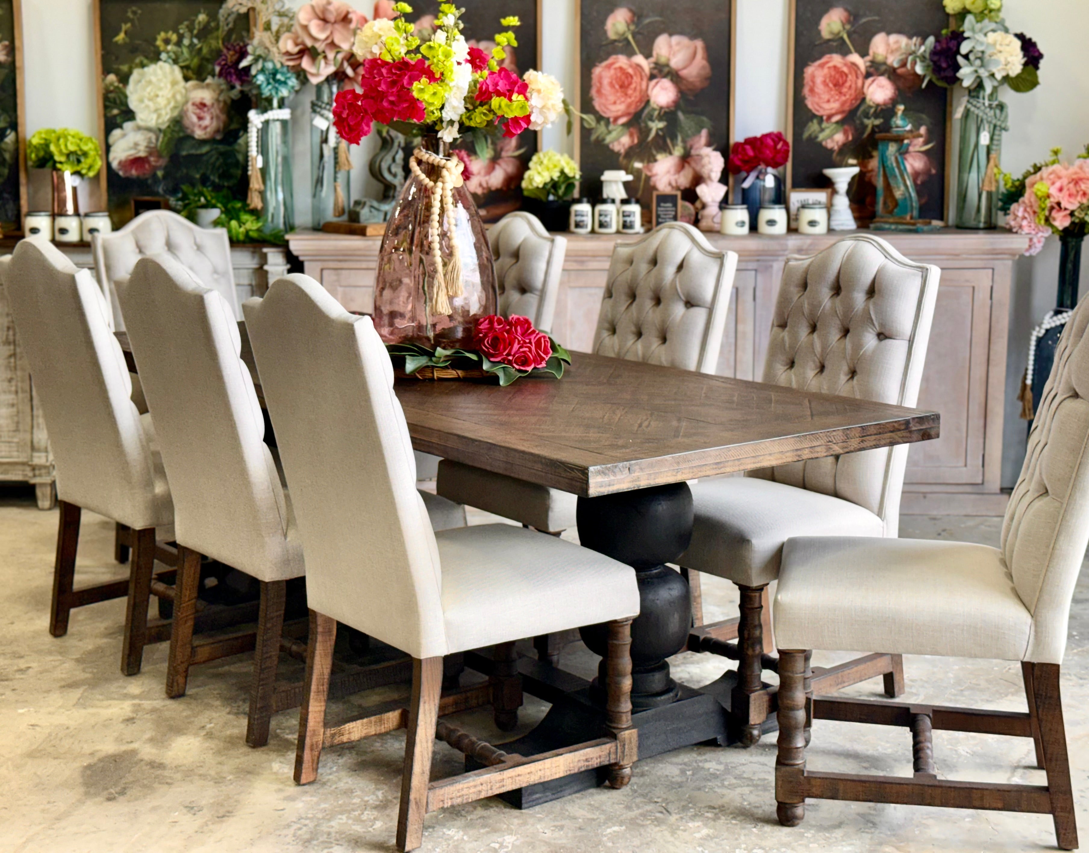 Myla 8 Foot Rounded Pedestal Table Set With 8 Upholstered chairs-Black/Honeywood™