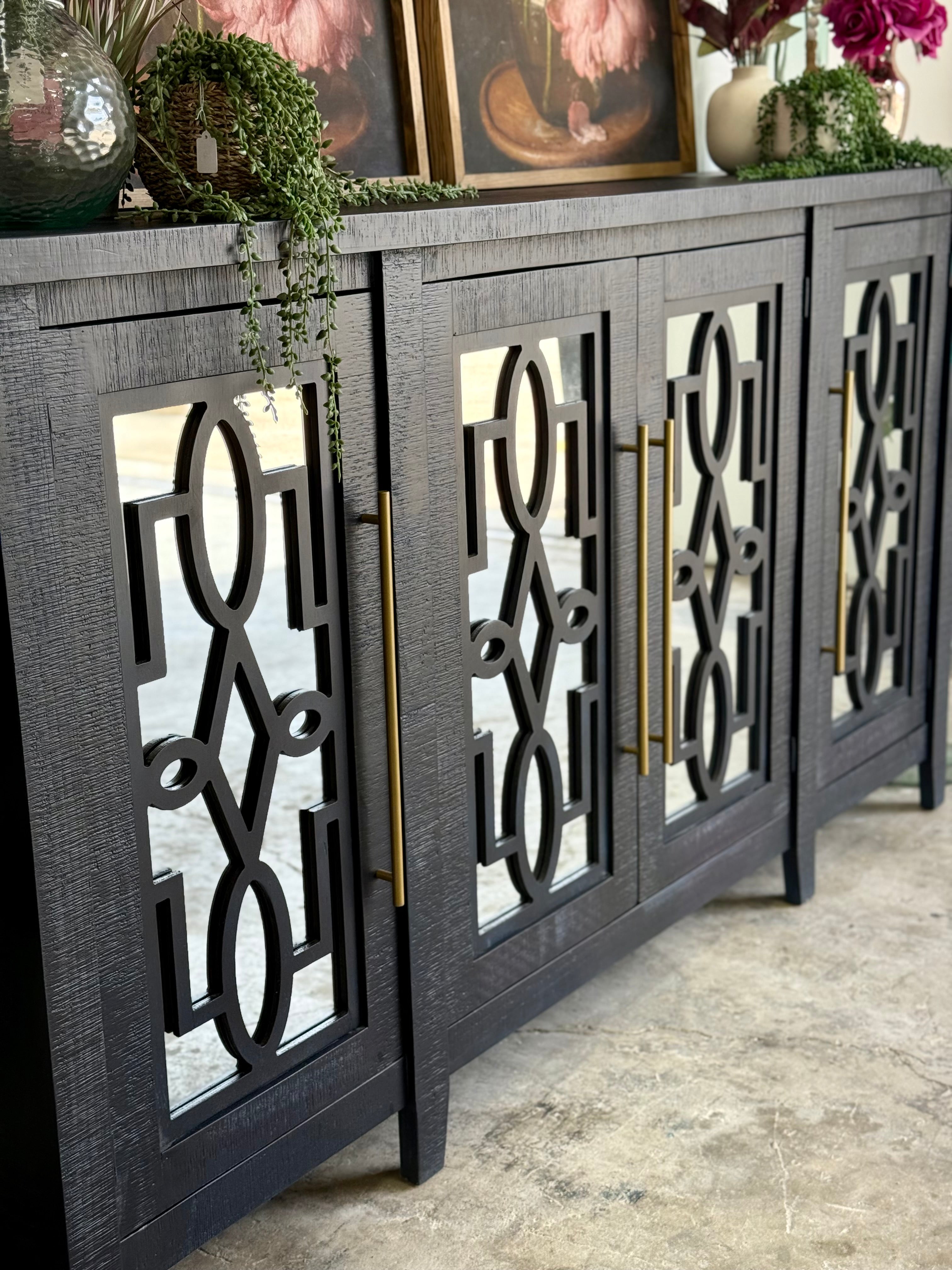 Ivy 4 Door Mirrored Console-Deep Blue and Gold