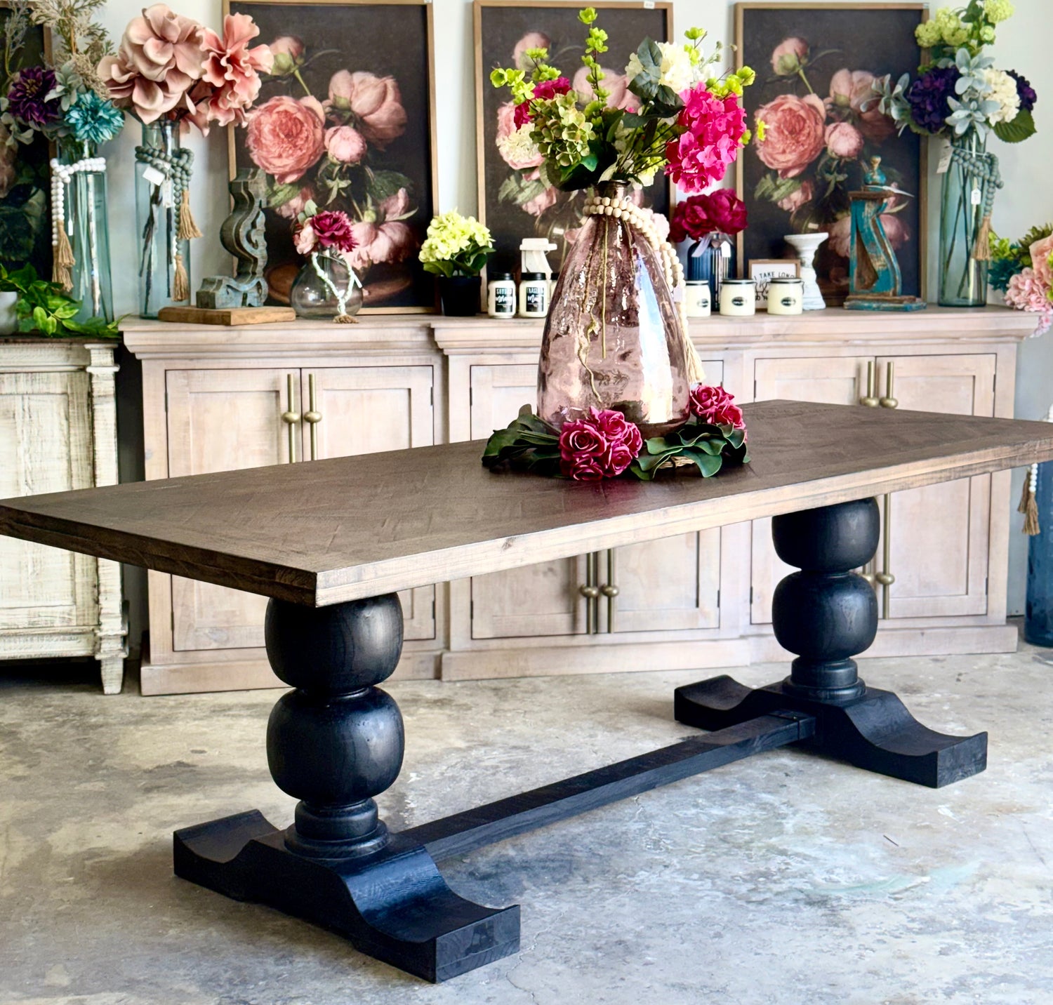 Myla 8 Foot Rounded Pedestal Table Set With 6 Upholstered chairs-Black/Honeywood™