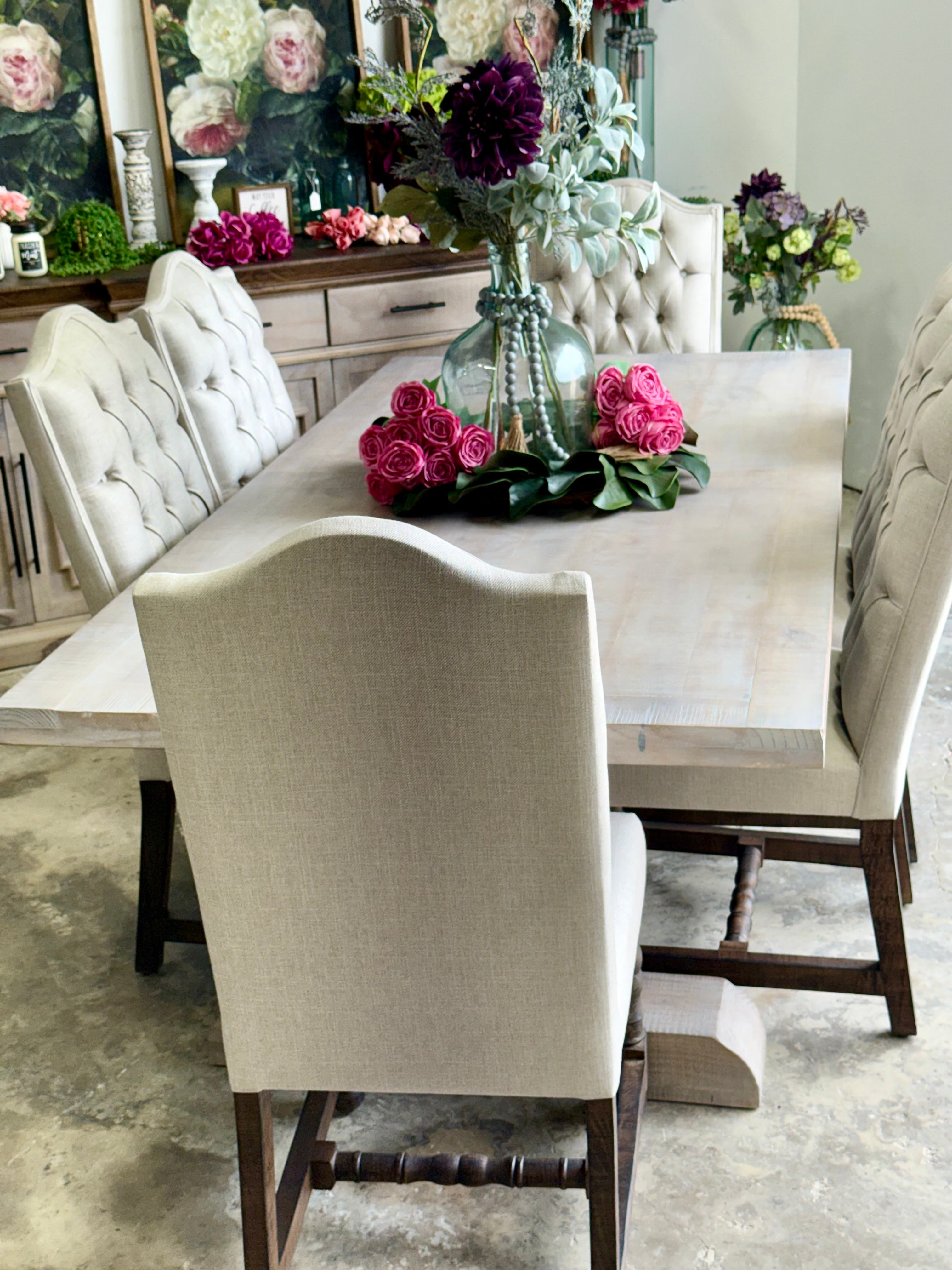 Hannah 7 Foot Dining Table Set With Chairs-Soft Drift/Honeywood Chairs