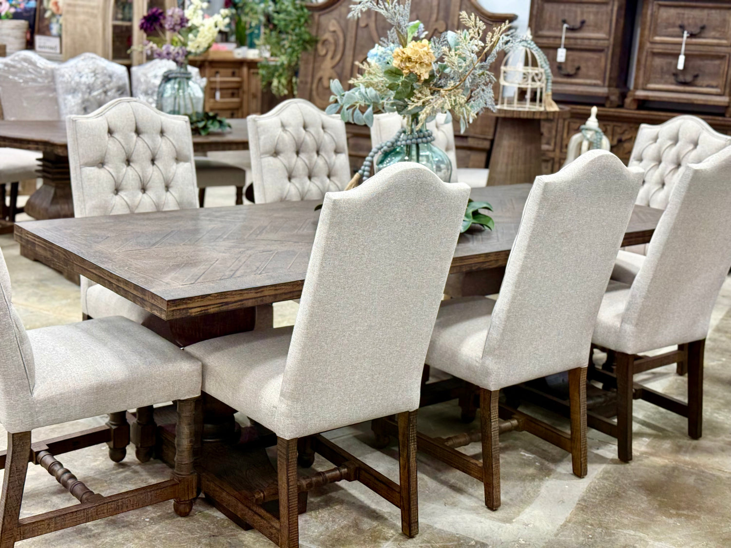 Myla 8 Foot Rounded Pedestal Table Set With 8 Upholstered chairs-Honeywood™