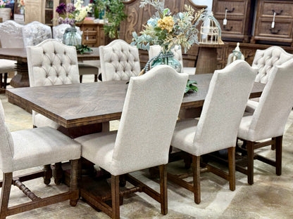 Myla 8 Foot Rounded Pedestal Table Set With 8 Upholstered chairs-Honeywood™