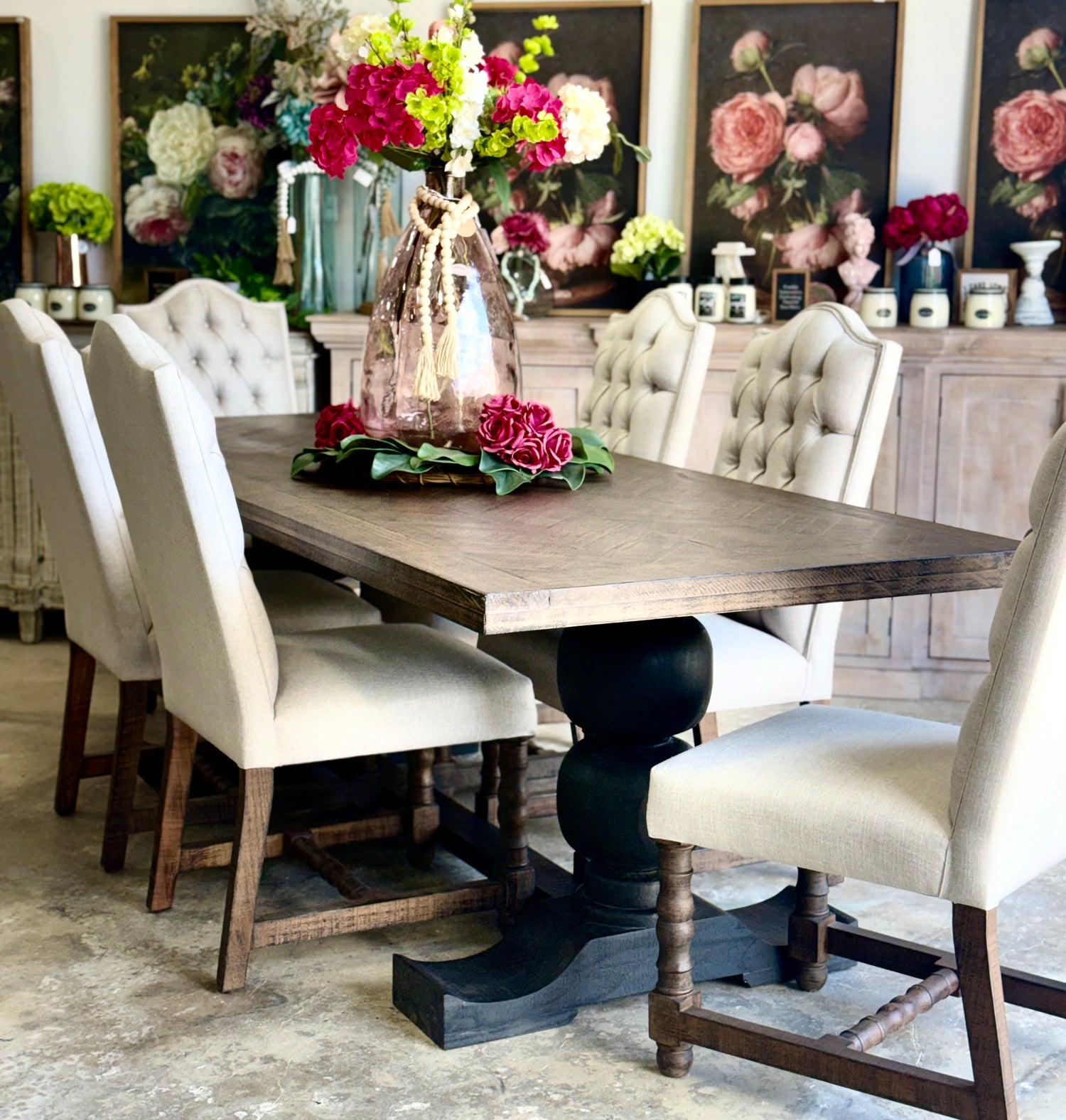 Myla 8 Foot Rounded Pedestal Table Set With 6 Upholstered chairs-Black/Honeywood™