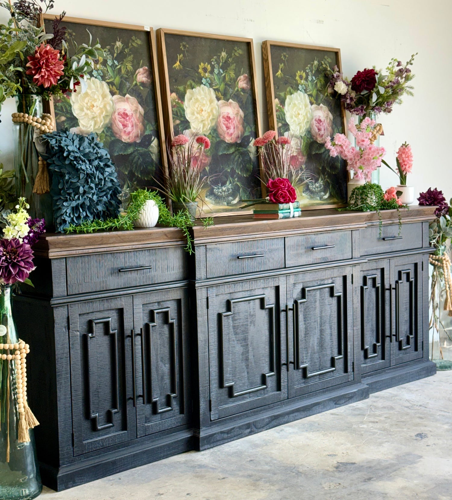 Reese 99" 6 Door Console-Black/Honeywood