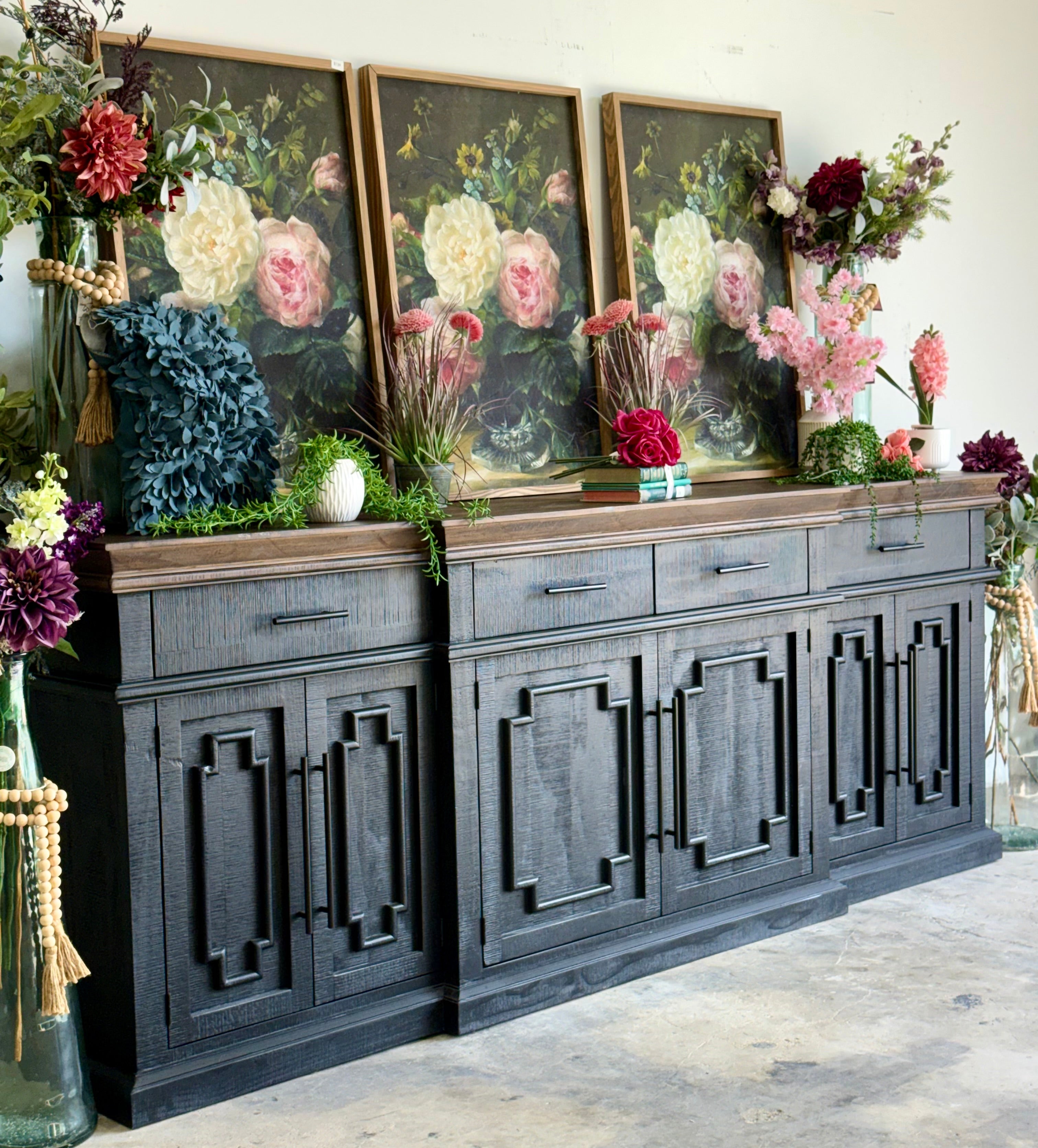 Reese 99" 6 Door Console-Black/Honeywood