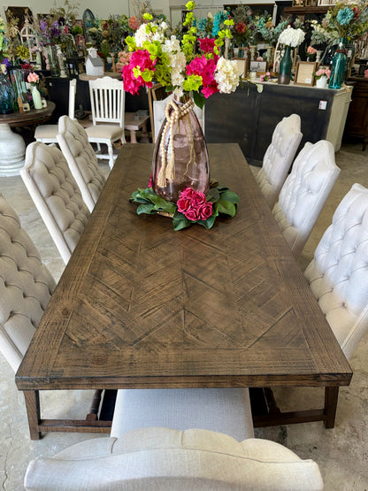 Myla 8 Foot Rounded Pedestal Table Set With 8 Upholstered chairs-Black/Honeywood™