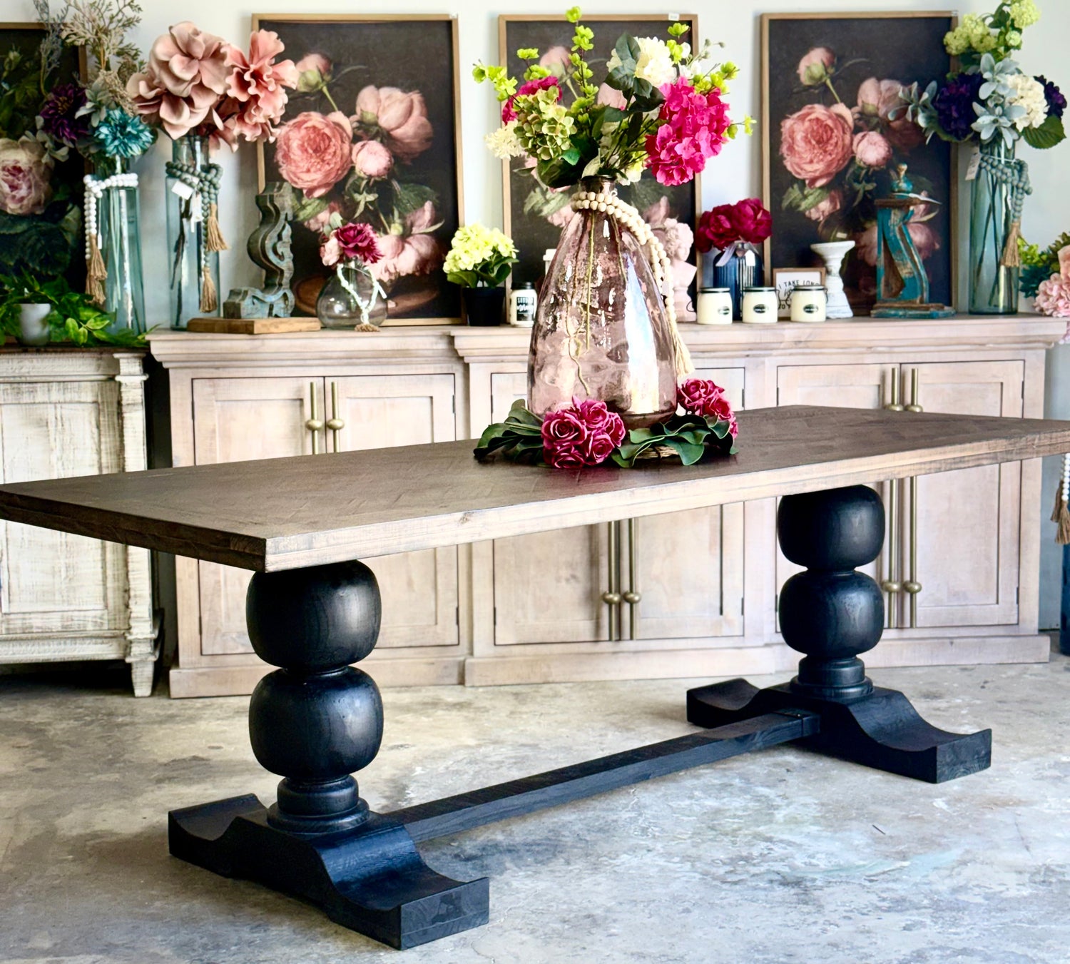 Myla 8 Foot Rounded Pedestal Table Set With 6 Upholstered chairs-Black/Honeywood™