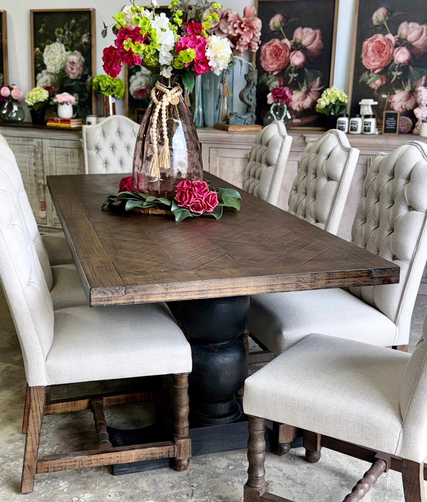 Myla 8 Foot Rounded Pedestal Table Set With 8 Upholstered chairs-Black/Honeywood™